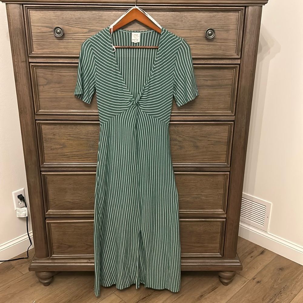 Mink, pink green striped twist front midi dress